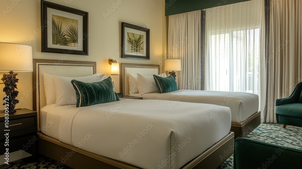 Fototapeta premium A tidy hotel room featuring a neat twin bed designed with a fresh white and emerald green color scheme