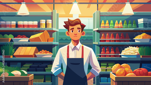 Sales consultant in a grocery store stands in front of shelves with products