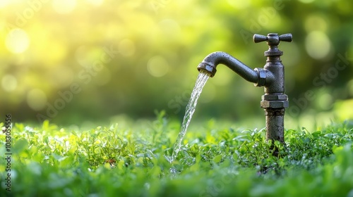 A faucet pouring water onto a lush green field illustrating the importance of water as a vital natural resource photo