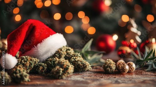 Closeup of a festive arrangement featuring medical cannabis a Santa hat CBD elements and decorative marijuana for a holiday celebration concept photo