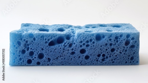 A blue rectangular sponge featuring a porous texture partially saturated with water set against a white background showcasing its numerous small holes photo