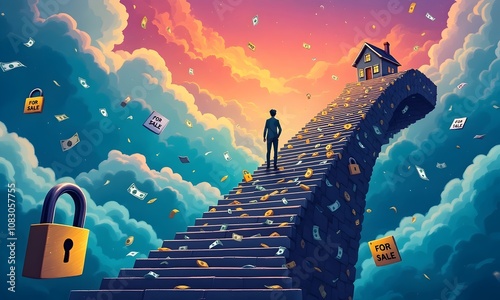 Person climbing a surreal staircase to a house in the sky. Illustration of the difficulty of access to the house
