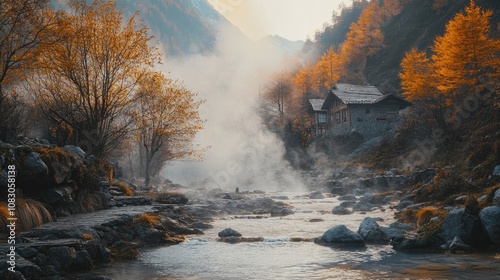 A steaming hot spring located in a serene mountain valley photo