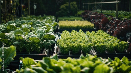 A vibrant vegetable farm featuring hydroponic plots arranged with lush green plants showcasing cutting edge hydroponic technology from a high angle perspective using realistic photography techniqu photo