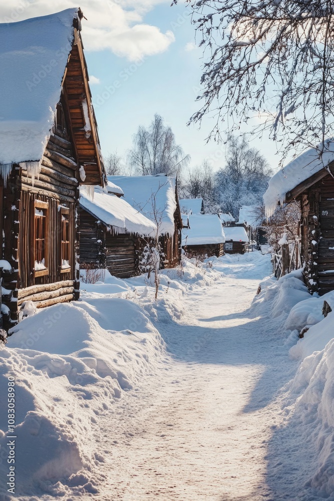 Fototapeta premium A serene snowy pathway between two wooden buildings, perfect for winter scenes or rural landscapes