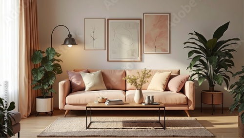  Modern Neutral warm colors living room with cozy sofa and potted plants