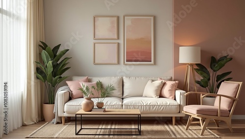  Modern Neutral warm colors living room with cozy sofa and potted plants