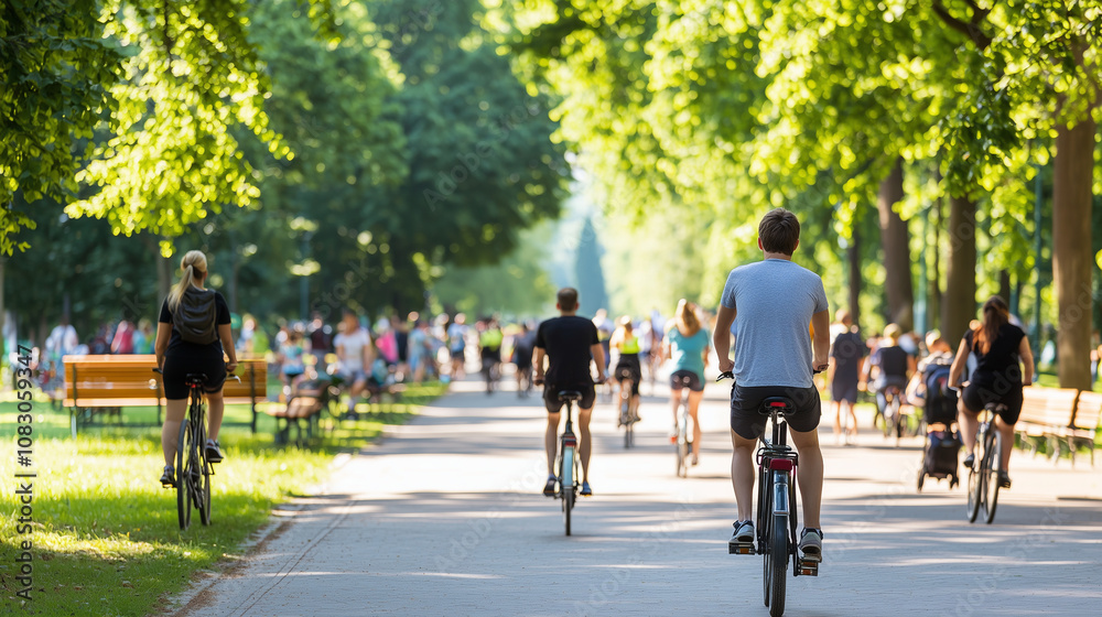 custom made wallpaper toronto digitalPeople Biking and Walking on Tree Lined Pedestrian Avenue