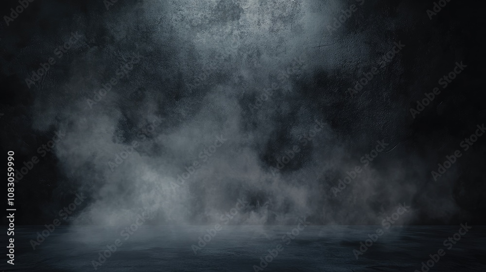 Fototapeta premium Dark abstract cement wall with a gradient studio room and floating smoke creating an interior texture ideal for product display backgrounds