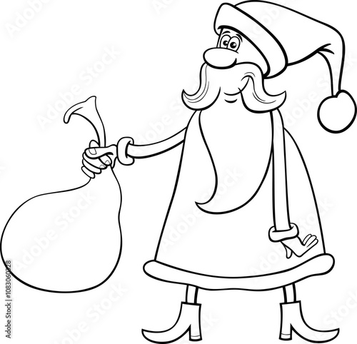 comic Santa Claus character with sack of gifts coloring page