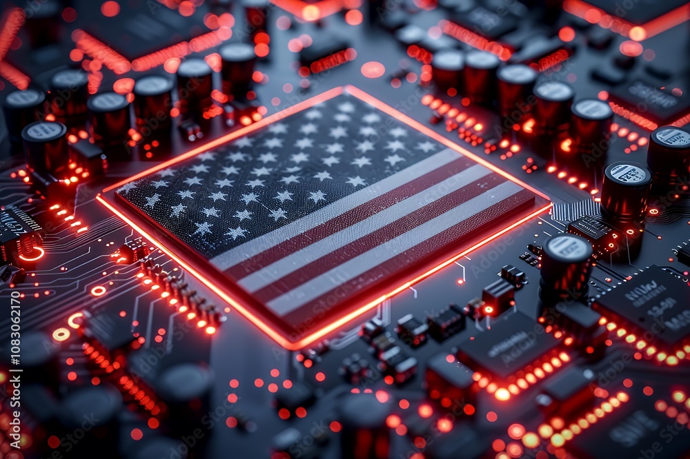 Obraz premium Closeup of a circuit board with an American flag displayed on a microchip.