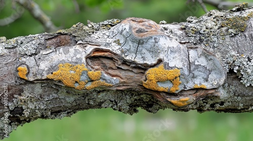 Close-up, Detailed Texture of Lichen on Salix Fragilis , Vibrant Yellow, Natural Lighting photo