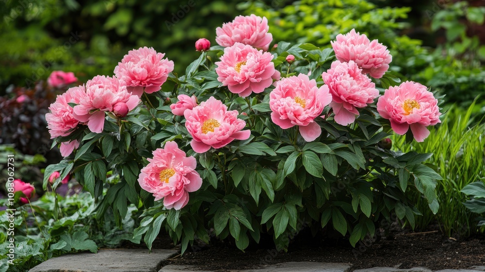 Fototapeta premium A stunning peony bush adorned with pink blossoms in a lush garden Horizontal orientation