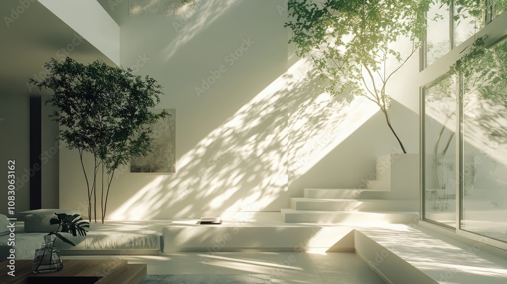 Fototapeta premium Bright and airy minimalist interior with sunlight creating gentle shadows throughout the space