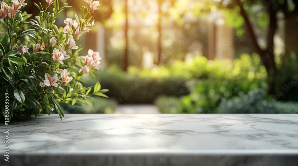 Fototapeta premium Marble surface with flowers, sunny garden background.