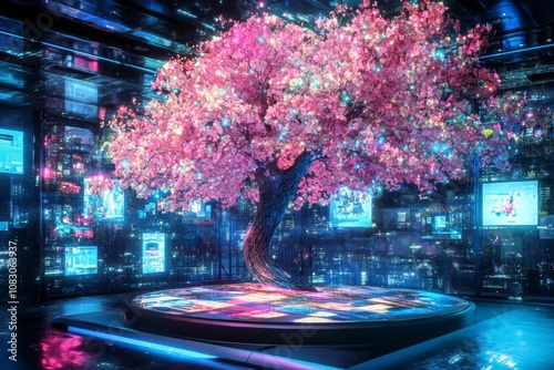 A vibrant futuristic tree with holographic leaves on a virtual reality platform showcasing life aspects in bright colors photo