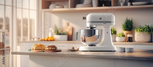 Modern kitchen interior featuring a sleek luxury mixer ideal for breakfast preparation and promoting healthy eating photo