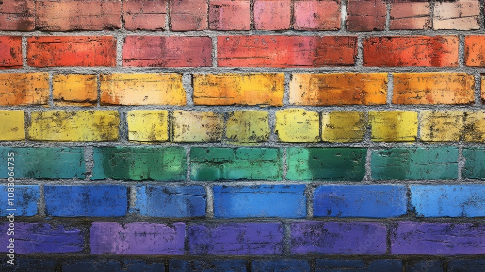 Fototapeta premium Colorful brick wall featuring a rainbow flag design with a textured wood appearance