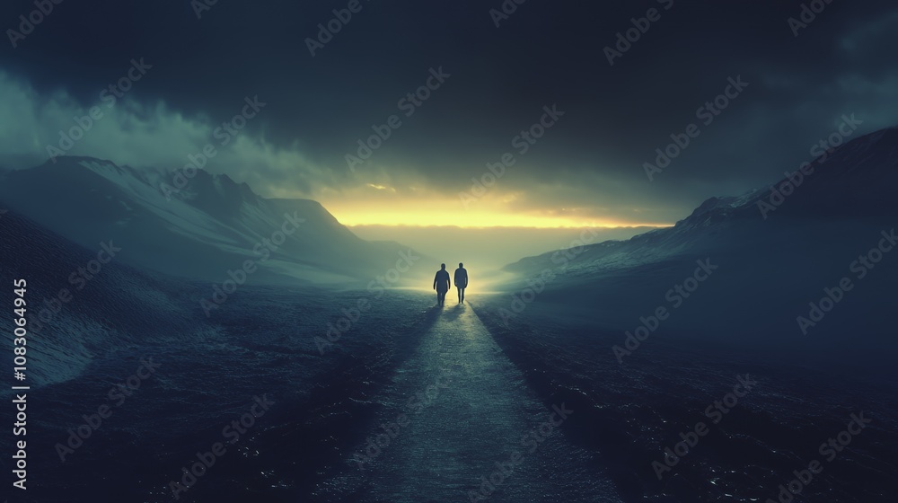 Fototapeta premium Two figures walk towards a bright horizon in a mysterious landscape.