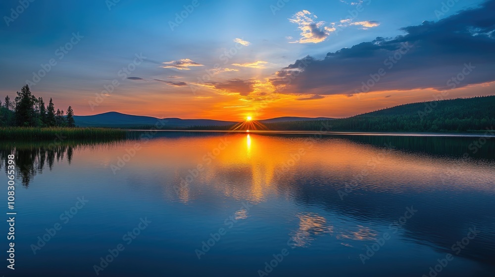 Fototapeta premium A captivating sunset illuminating a tranquil lake s surface