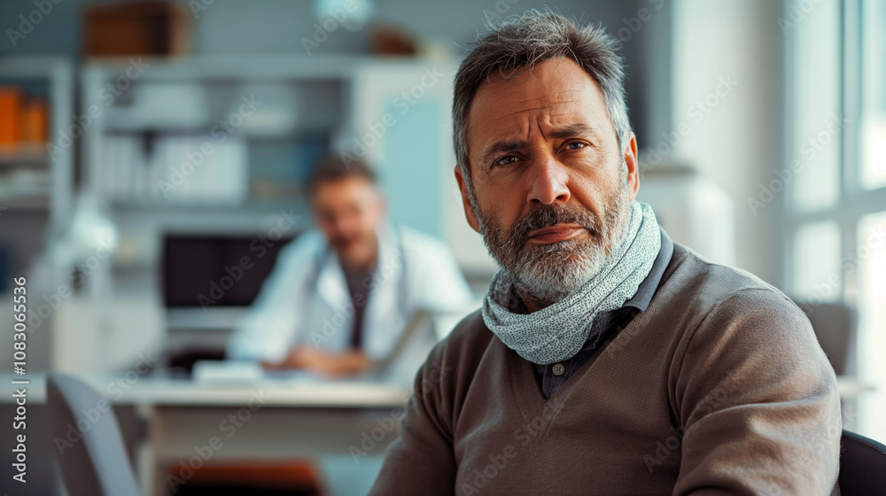 Naklejka premium Concerned male patient in a neck brace at a medical office while doctor works in the background