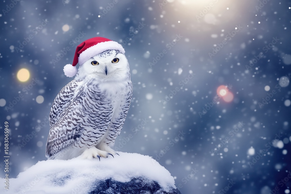 Obraz premium Snowy owl wearing a festive Christmas hat perched on a snowy rock during a winter snowfall with blurred lights in the background, copy space.