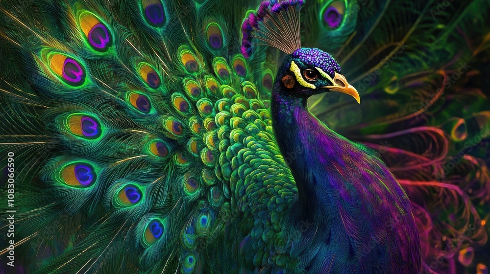 Fototapeta premium Colorful peacock showcasing a vibrant green and purple tail creating an optical illusion of expansion
