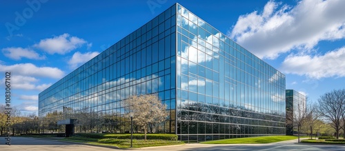 Modern office buildings with reflective glass exteriors on a sunny spring day showcasing the shift towards remote work and contemporary business lifestyle
