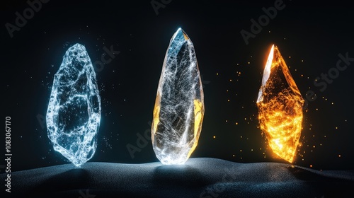 Three microliths displayed against a black background representing prehistoric stone tools from the Paleolithic era crafted from silex material photo