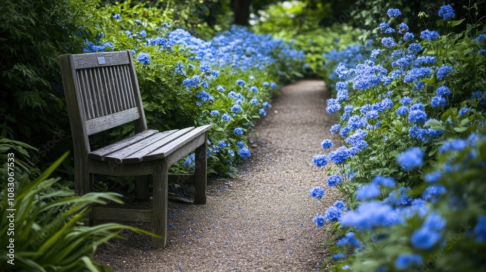 Obraz premium Tranquil garden walkway featuring vibrant blue flowers and a wooden bench offering a serene space for nature enthusiasts to unwind and appreciate the calm atmosphere