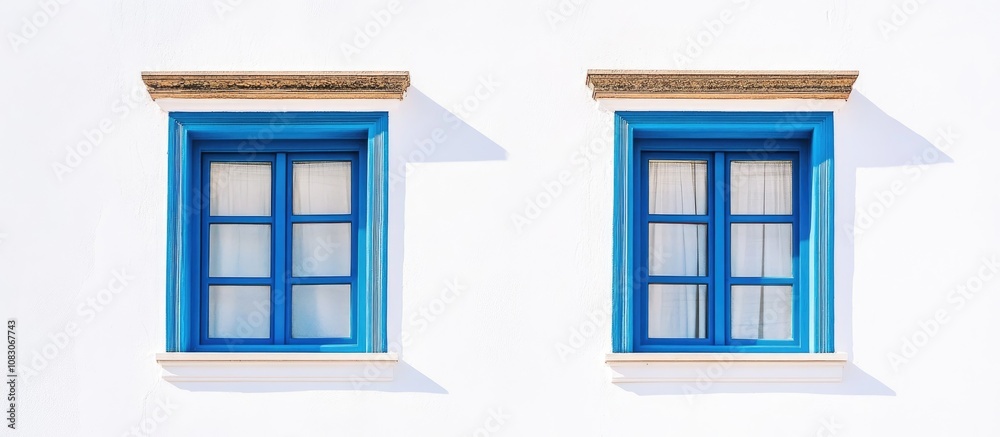 Fototapeta premium Minimalist architecture featuring two blue framed windows against a white building facade emphasizing light and simplicity