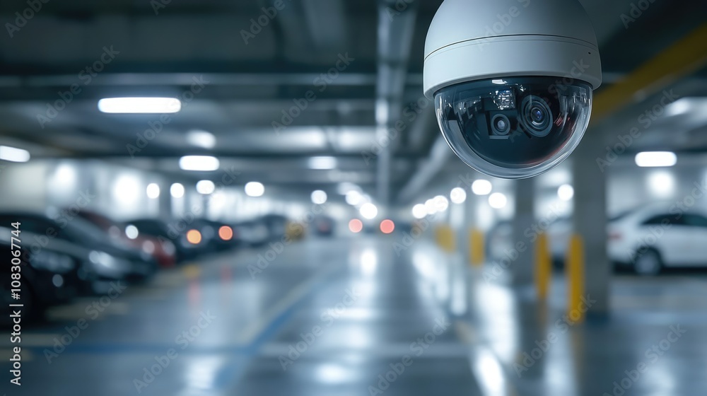 Fototapeta premium Indoor CCTV security camera system monitoring a blurred image of an underground parking area featuring RFID management and surveillance technology for enhanced safety