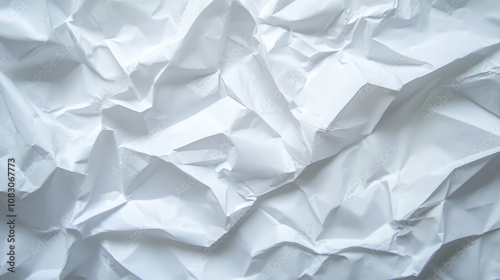 Obraz premium Crumpled white paper texture background featuring abstract shapes providing ample space for text