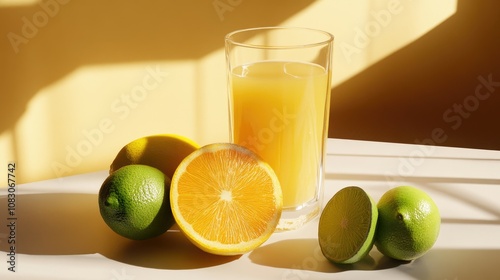 Orange juice concept featuring a glass of fresh orange nectar alongside lime and lemon on a table