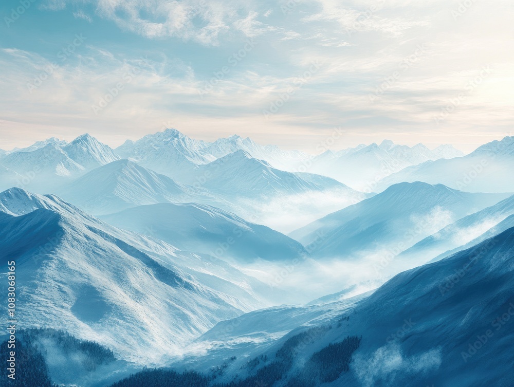 Obraz premium Fantasy magical mountain landscape featuring a mystical winter valley Panoramic view of expansive mountains and rural nature backdrop with rolling hills on the horizon