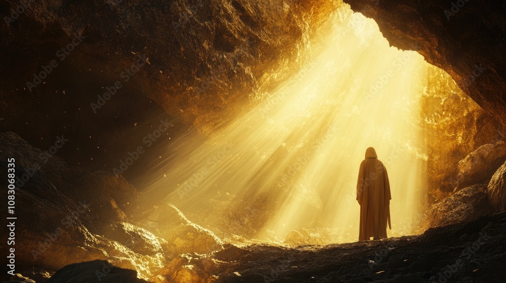 Fototapeta premium Individual in a robe standing at the entrance of a cave illuminated by sunlight