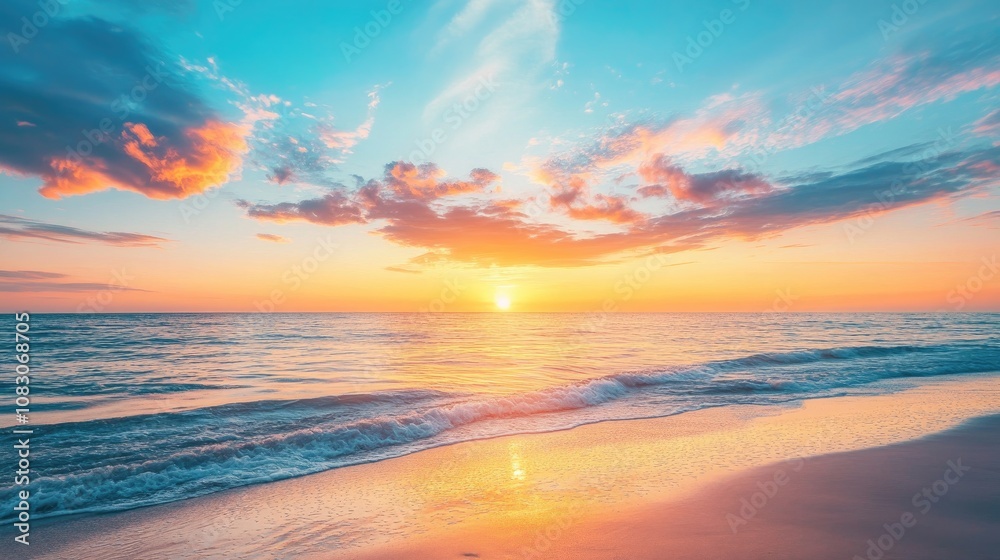 Fototapeta premium Dramatic sunset sky with shades of blue orange pink yellow and purple over a beach A picturesque natural landscape during the golden hour with twilight hues at dusk