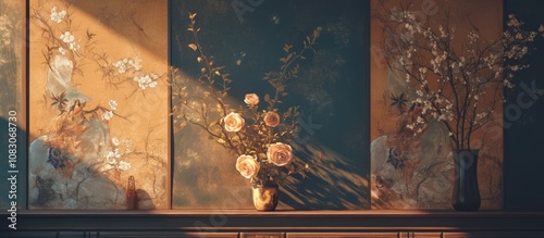 3D rendering of a Chinese rose painting set against a decorative wall mural backdrop