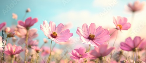 Vibrant cosmos flowers bloom in a meadow during spring and summer creating a stunning display against a blue sky Soft focus highlights their beauty
