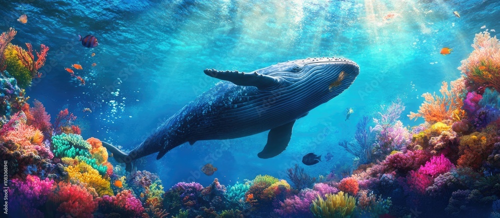 Fototapeta premium Underwater photograph of a whale amidst a vibrant marine environment