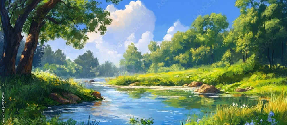 Obraz premium Vibrant nature painting showcasing a lush landscape with clear water on a sunny day capturing the beauty of a serene park setting