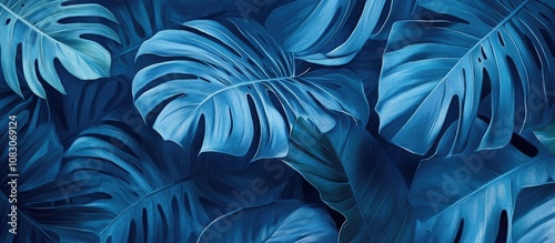 Tropical palm leaves depicted in blue ideal for mural and wallpaper art