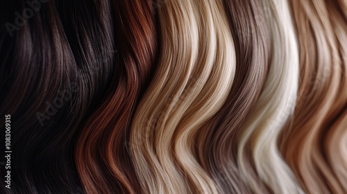 Variety of natural hair colors and textures for extensions and wig creation Hair extension styling Visual content for beauty salons showcasing a range of color shades photo