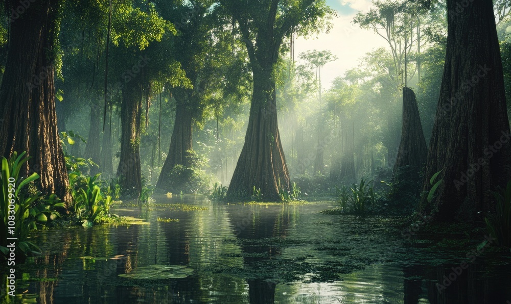 Fototapeta premium Mayan inspired trees in a mystical swamp setting
