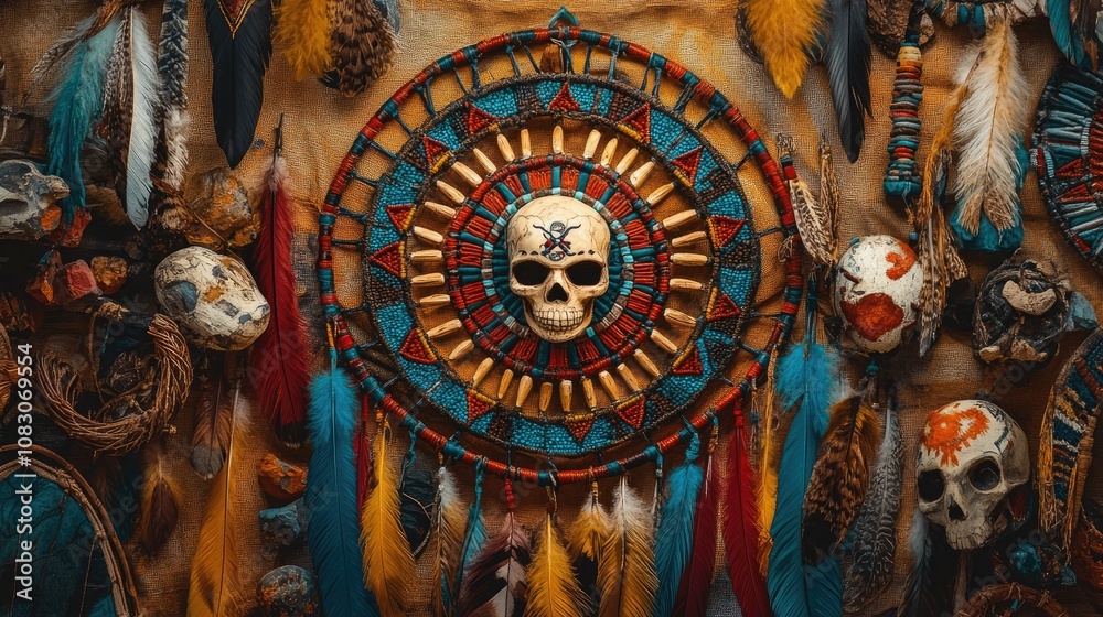 Fototapeta premium Artwork featuring tribal decorative elements including feathers dream catchers arrows Aztec motifs feather headdresses tents and skulls