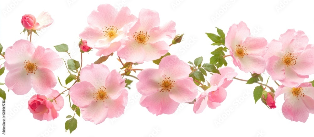 Fototapeta premium Artwork of a cluster of pink dog roses set against a clean white backdrop