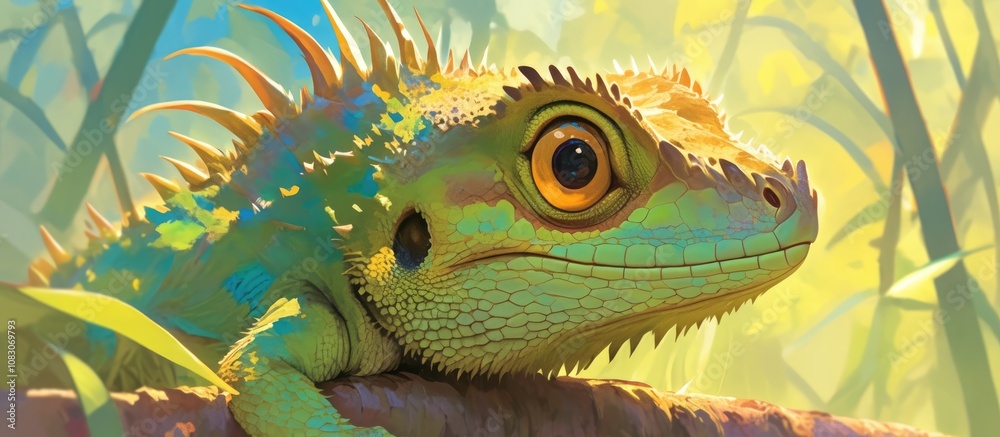 Obraz premium Close up of a vibrant green crested lizard in detail