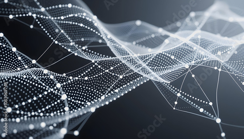 Wave of dots and weave lines. Abstract background. Network connection structure with white shades, png photo