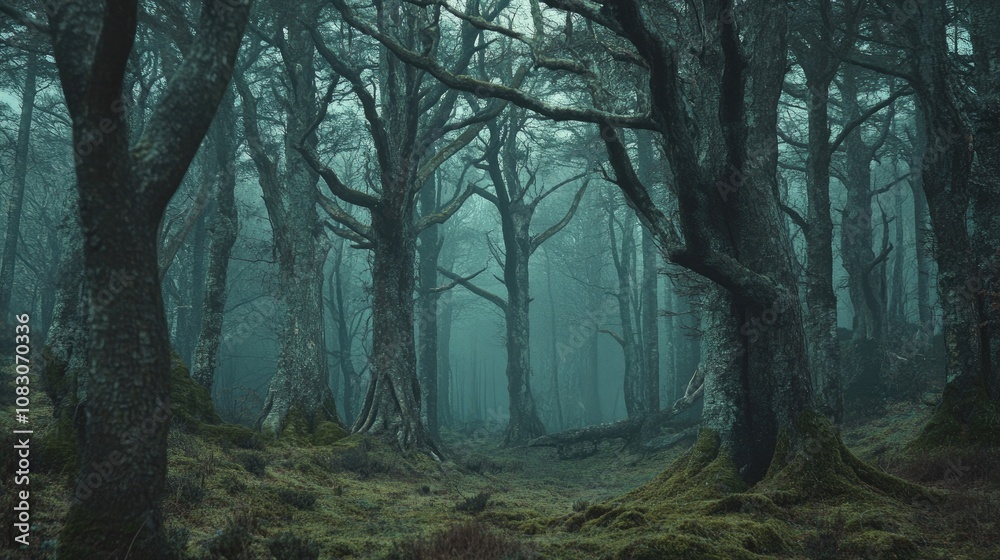 Fototapeta premium Enigmatic woodland featuring towering eerie trees