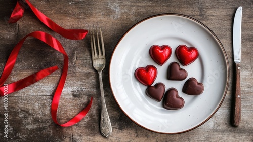Festive table arrangement featuring a flat lay of red heart shaped chocolates on a white plate accompanied by a fork knife and red ribbons on a wooden surface Romantic theme with ample copy space